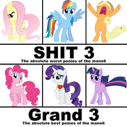 Size: 1000x1000 | Tagged: safe, derpibooru import, applejack, fluttershy, pinkie pie, rainbow dash, rarity, twilight sparkle, earth pony, pegasus, pony, unicorn, abuse, attention horse, background pony strikes again, background pony thinks people care about which characters they like, best pony, dashabuse, downvote bait, flutterbuse, jackabuse, mane six, meme, op is a cuck, op is trying to start shit, vulgar, worst pony