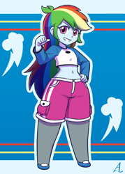 Size: 1000x1400 | Tagged: safe, artist:acesrockz, derpibooru import, rainbow dash, equestria girls, belly button, clothes, female, grin, hand on hip, looking at you, midriff, multicolored hair, shirt, short shirt, shorts, smiling, solo