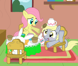 Size: 840x710 | Tagged: safe, artist:shutterflye, angel bunny, derpy hooves, fluttershy, pegasus, pony, blank flank, chair, cookie, cup, cute, derpabetes, fail, filly, food, funny, funny as hell, muffin, shyabetes, stuck, tea party, teacup, younger