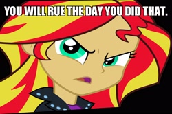 Size: 2748x1821 | Tagged: safe, sunset shimmer, equestria girls, cheers, image macro, meme, solo, threat