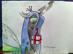 Size: 2592x1936 | Tagged: safe, artist:charredknightpony, queen chrysalis, changeling, changeling queen, cute, cutealis, present, smiling, solo, traditional art