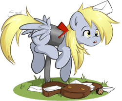 Size: 862x714 | Tagged: safe, artist:secret-pony, derpy hooves, pegasus, pony, derpy inside a mailbox, female, mailbag, mailbox, mare, muffin, solo, stuck