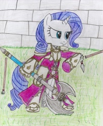 Size: 2528x3104 | Tagged: safe, artist:theculturewarrior, rarity, pony, unicorn, armor, armorarity, axe, bipedal, crossover, fire emblem, high res, spear