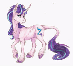 Size: 3288x3018 | Tagged: safe, artist:biakela, starlight glimmer, classical unicorn, pony, unicorn, cloven hooves, curved horn, cutie mark, female, fluffy, leonine tail, mare, scar, simple background, solo, tail, traditional art, unshorn fetlocks, white background
