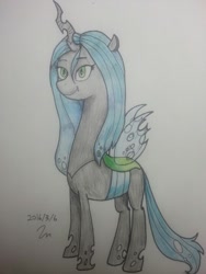 Size: 540x720 | Tagged: safe, artist:passigcamel, queen chrysalis, changeling, changeling queen, female, long neck, smiling, solo, traditional art