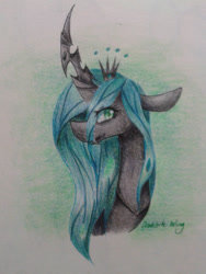 Size: 1024x1365 | Tagged: safe, artist:cryptress, queen chrysalis, changeling, changeling queen, smiling, solo, traditional art