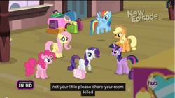 Size: 1025x575 | Tagged: safe, derpibooru import, screencap, applejack, fluttershy, pinkie pie, rainbow dash, rarity, spike, twilight sparkle, twilight sparkle (alicorn), alicorn, dragon, earth pony, pegasus, pony, unicorn, rarity takes manehattan, female, mane six, mare, meme, youtube caption