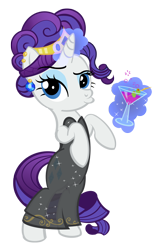 Size: 656x1000 | Tagged: safe, artist:pixelkitties, rarity, pony, unicorn, alternate hairstyle, bipedal, clothes, cocktail, dress, drink, duckface, jewelry, sierra madre, simple background, solo, tiara, transparent background