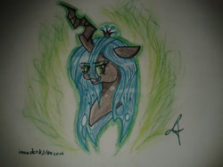 Size: 1024x768 | Tagged: safe, artist:invaderkj, queen chrysalis, changeling, changeling queen, grin, solo, traditional art