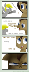 Size: 404x1002 | Tagged: safe, artist:sketchcloud, derpy hooves, doctor whooves, pegasus, pony, 4koma, comic, doctor who, female, knock knock joke, mare, prank, unamused