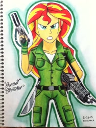 Size: 720x960 | Tagged: safe, artist:emichaca, sunset shimmer, equestria girls, gun, machete, machine gun, solo, traditional art