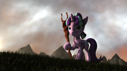 Size: 2560x1440 | Tagged: safe, artist:neon-ns, starlight glimmer, pony, unicorn, 3d, determined, mountain, s5 starlight, solo, source filmmaker, staff, staff of sameness