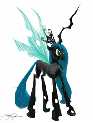 Size: 2700x3600 | Tagged: safe, artist:jakeromano, queen chrysalis, changeling, changeling queen, female, impossibly large horn, simple background, solo, white background