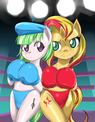 Size: 645x829 | Tagged: safe, artist:pugilismx, drama letter, sunset shimmer, watermelody, pony, semi-anthro, background human, boxing, clothes, foxy boxing, panties, underwear