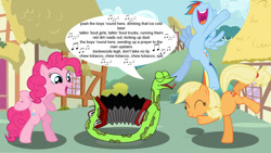 Size: 1189x672 | Tagged: safe, artist:porygon2z, derpibooru import, edit, applejack, pinkie pie, rainbow dash, earth pony, pegasus, pony, accessory-less edit, chicken dance, craig slithers, crossover, missing accessory, sanjay and craig, singing