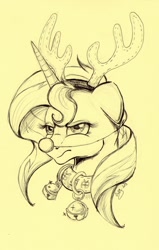 Size: 446x700 | Tagged: safe, artist:donika-schovina, sunset shimmer, pony, reindeer, unicorn, antlers, bells, christmas, clothes, collar, costume, floppy ears, frown, glare, solo, traditional art, unamused