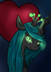 Size: 595x841 | Tagged: safe, artist:briarspark, queen chrysalis, changeling, changeling queen, angry, female, glowing eyes, heart, looking at you, solo