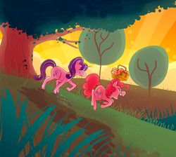 Size: 900x805 | Tagged: safe, artist:stevetwisp, pinkie pie, starlight glimmer, earth pony, pony, basket, dawn, forest, glimmerpie, picnic, sunset, tree