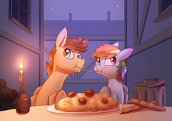 Size: 3508x2480 | Tagged: safe, artist:underpable, derpibooru import, rainbow dash, oc, oc:skittle, pegasus, pony, canon x oc, commission, duo, female, food, lady and the tramp, male, movie reference, parody, pasta, reference, skidash, spaghetti, straight