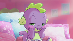 Size: 640x360 | Tagged: safe, screencap, rarity, spike, dragon, pony, unicorn, bed, blushing, commercial, creepy, diaper, newborn, official, picture frame, pillow