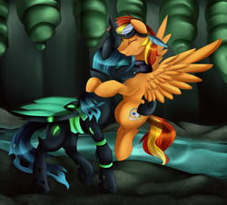 Size: 1024x926 | Tagged: safe, artist:pridark, queen chrysalis, oc, oc:tech talk, changeling, changeling queen, pegasus, pony, canon x oc, clothes, cocoon, goggles, hug, shipping