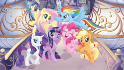 Size: 1136x640 | Tagged: safe, derpibooru import, screencap, applejack, fluttershy, pinkie pie, rainbow dash, rarity, twilight sparkle, twilight sparkle (alicorn), alicorn, earth pony, pegasus, pony, unicorn, my little pony: the movie, looking at you, mane six