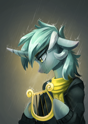 Size: 2480x3508 | Tagged: safe, artist:underpable, derpibooru import, lyra heartstrings, pony, semi-anthro, unicorn, fanfic:background pony, clothes, crying, female, floppy ears, hoodie, human shoulders, lyre, mare, newbie artist training grounds, profile, rain, sad, scarf, solo, teary eyes, wet