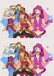 Size: 1000x1386 | Tagged: safe, artist:kare-valgon, derpibooru import, pinkie pie, rainbow dash, sunset shimmer, equestria girls, baseball, cute, fanfic, fanfic art, female, human coloration, magic, one eye closed, ponied up, super ponied up, telekinesis, trio, wink