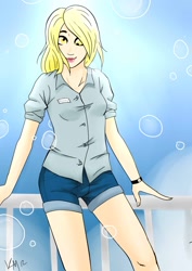 Size: 1000x1414 | Tagged: safe, artist:emberfan11, derpy hooves, human, clothes, female, humanized, shorts, solo, watch, wristwatch