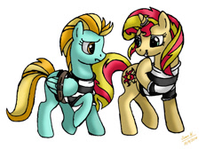 Size: 1024x723 | Tagged: safe, artist:lavenderrain24, lightning dust, sunset shimmer, pegasus, pony, unicorn, belt, bound wings, clothes, frown, grin, horn ring, magic suppression, prison outfit, prison stripes, prisoner, raised hoof, smiling, straps