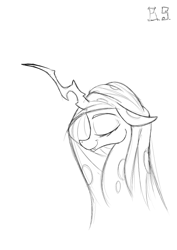 Size: 595x841 | Tagged: safe, artist:briarspark, queen chrysalis, changeling, changeling queen, eyes closed, monochrome, smiling, solo