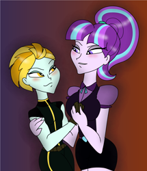 Size: 1128x1312 | Tagged: safe, artist:purfectprincessgirl, lightning dust, starlight glimmer, equestria girls, blushing, clothes, crack shipping, equestria girls-ified, female, gradient background, holding hands, humanized, lesbian, lidded eyes, looking at each other, shipping, size difference, skirt, smirk, stardust (pairing)