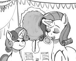 Size: 814x656 | Tagged: safe, artist:kevinsano, rarity, sweetie belle, pony, unicorn, cotton candy, duo, duo female, eyes closed, female, food, grayscale, monochrome, sisters