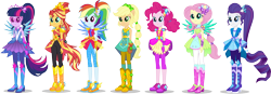 Size: 14100x4911 | Tagged: safe, artist:sugar-loop, derpibooru import, applejack, fluttershy, pinkie pie, rainbow dash, rarity, sci-twi, sunset shimmer, twilight sparkle, equestria girls, legend of everfree, absurd resolution, boots, clothes, dress, female, high heel boots, humane seven, ponied up, scitwilicorn, shoes, simple background, skirt, super ponied up, transparent background