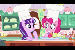 Size: 960x640 | Tagged: safe, screencap, pinkie pie, starlight glimmer, earth pony, pony, unicorn, the cutie re-mark, candy, chef's hat, chewing, clothes, cupcake, cute, eating, female, food, glimmerbetes, hat, mare, s5 starlight, smiling, sugarcube corner