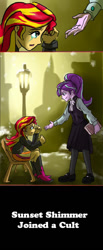 Size: 420x1022 | Tagged: safe, artist:kul, starlight glimmer, sunset shimmer, equestria girls, clothes, comic, crying, cult, equestria girls-ified, female, help, it's always sunny in fillydelphia, it's always sunny in philadelphia, its a trap!, lamppost, skirt, snow, this will end in death