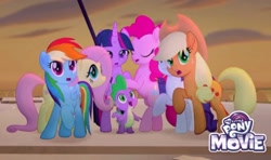 Size: 1021x605 | Tagged: safe, derpibooru import, screencap, applejack, fluttershy, pinkie pie, rainbow dash, rarity, spike, twilight sparkle, twilight sparkle (alicorn), alicorn, dragon, earth pony, pegasus, pony, unicorn, my little pony: the movie, cropped, female, mane seven, mane six, mare