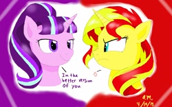 Size: 1280x800 | Tagged: safe, artist:fallenangel5414, starlight glimmer, sunset shimmer, pony, unicorn, angry, dialogue, drama, drama bait, skub wars, starlight drama, sunset vs starlight debate