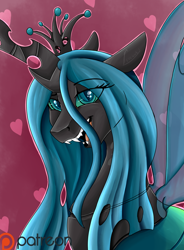 Size: 812x1102 | Tagged: safe, artist:crecious, queen chrysalis, changeling, changeling queen, fangs, looking at you, open mouth, smiling, solo