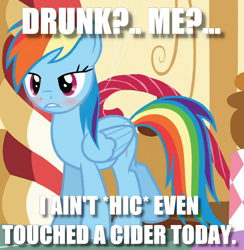 Size: 530x542 | Tagged: safe, derpibooru import, rainbow dash, pegasus, pony, 28 pranks later, bedroom eyes, blatant lies, blushing, drunk, drunker dash, image macro, meme