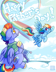 Size: 875x1125 | Tagged: safe, artist:ruef, derpibooru import, bow hothoof, rainbow dash, pegasus, pony, crying, duo, father and child, father and daughter, father's day, female, flying, heart, male, mare, multicolored hair, parent and child, pennant, smiling, stallion, tears of joy