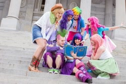 Size: 1176x784 | Tagged: safe, artist:destructivedoll, artist:drowninginrice, derpibooru import, applejack, fluttershy, pinkie pie, rainbow dash, rarity, spike, twilight sparkle, human, equestria girls, cosplay, irl, irl human, mane six, photo