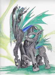 Size: 1701x2318 | Tagged: safe, artist:scribblepwn3, queen chrysalis, changeling, changeling queen, antagonist, pen drawing, traditional art, watercolor painting