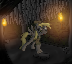 Size: 1552x1368 | Tagged: safe, artist:supersheep64, derpy hooves, pegasus, pony, g4, clothes, crossover, female, indiana jones, mare, solo, spikes, trap (device)