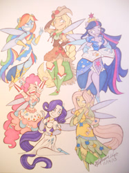 Size: 800x1067 | Tagged: safe, artist:spacergirl003, artist:spacergirl1003, derpibooru import, applejack, fluttershy, pinkie pie, rainbow dash, rarity, twilight sparkle, human, clothes, colored skin, dress, fairies, fairies are magic, fairy, fairy wings, gala dress, humanized, mane six, rayman, rayman origins, style emulation, traditional art, winged humanization, wings