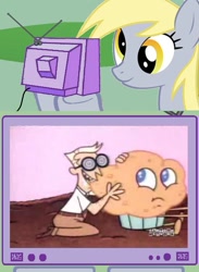 Size: 563x771 | Tagged: safe, derpy hooves, pony, dexter's dad, dexter's laboratory, exploitable meme, food, meme, muffin, tv meme