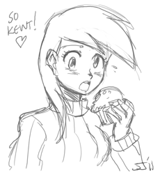 Size: 900x978 | Tagged: safe, artist:johnjoseco, derpy hooves, human, eating, food, grayscale, humanized, monochrome, muffin, solo