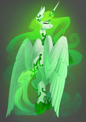 Size: 3508x4961 | Tagged: safe, artist:underpable, derpibooru import, oc, oc only, oc:eos, alicorn, pony, alicorn oc, ethereal mane, female, glowing mane, green eyes, green mane, jewelry, large wings, looking at you, looking back, looking back at you, mare, rear view, regalia, smiling, solo, wings