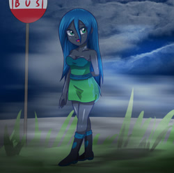 Size: 3507x3472 | Tagged: safe, artist:sumin6301, queen chrysalis, changeling, changeling queen, equestria girls, boots, bus stop, clothes, cloud, cloudy, cute, cutealis, dress, equestria girls-ified, grass, looking at you, open mouth, solo, teenager, waiting, walking, younger