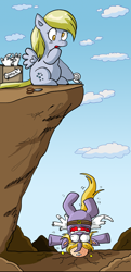 Size: 576x1194 | Tagged: safe, artist:xkappax, derpy hooves, dinky hooves, pegasus, pony, unicorn, :o, bandaid, bump, cliff, curved horn, derp, equestria's worst mother, fake wings, falling, female, filly, flying lesson, head lump, horn, mare, open mouth, ouch, scissors, shivering, sitting, spread wings, tape, wings